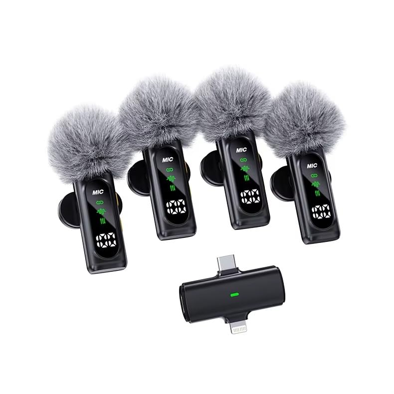 BKN T90 4 in 1 Wireless Microphone, Noise Reduction Collar Mic with Charging Case, Wireless 4-Mic & 1 Receiver for Video Recording, YouTube, Facebook, Live Stream for All Type C Android & iPhone