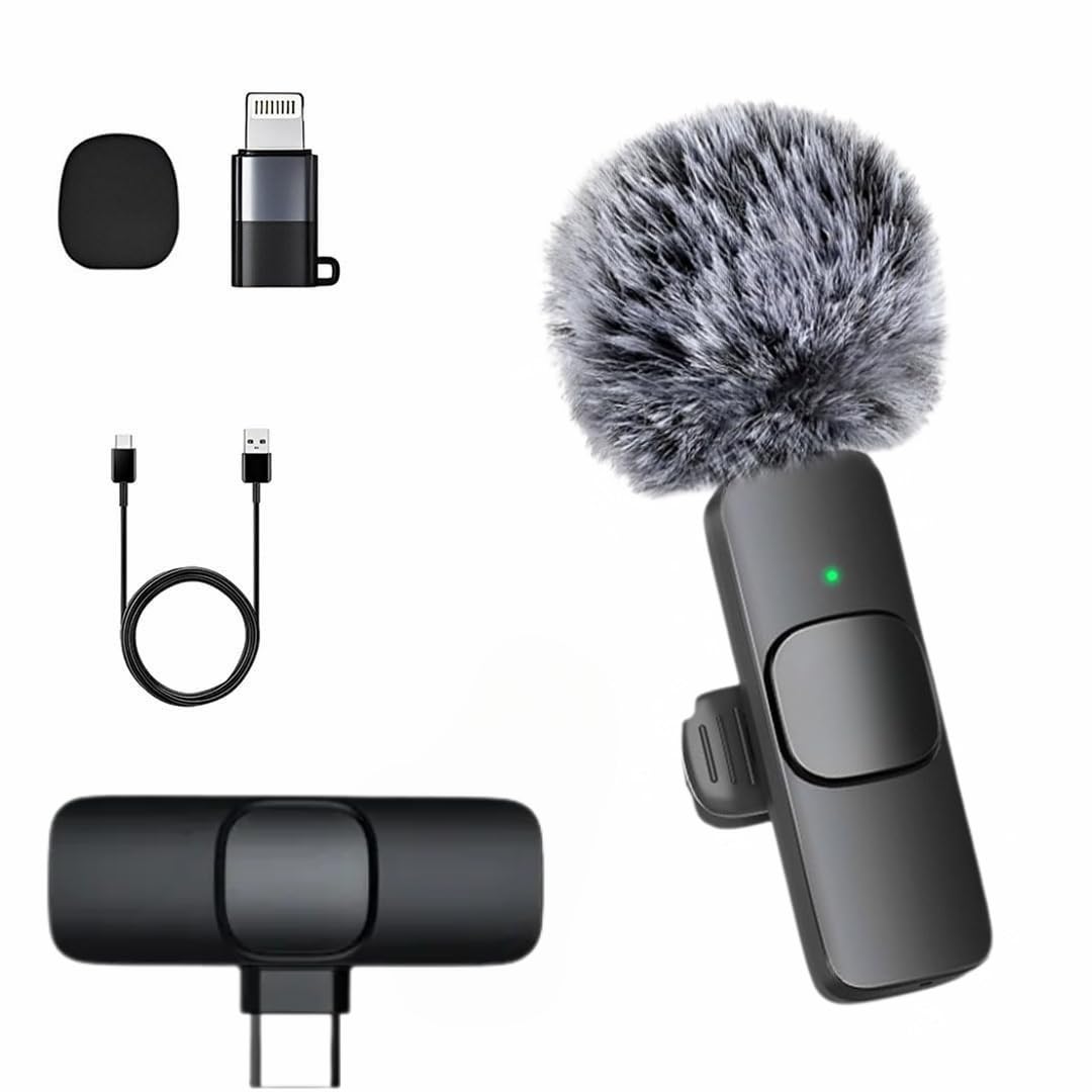 GADGETSWEAR K8 Furry Dual Lavalier Wireless Microphone with LED Display Case for iPhone, Camera, PC (Lightning & USB-C Plug)