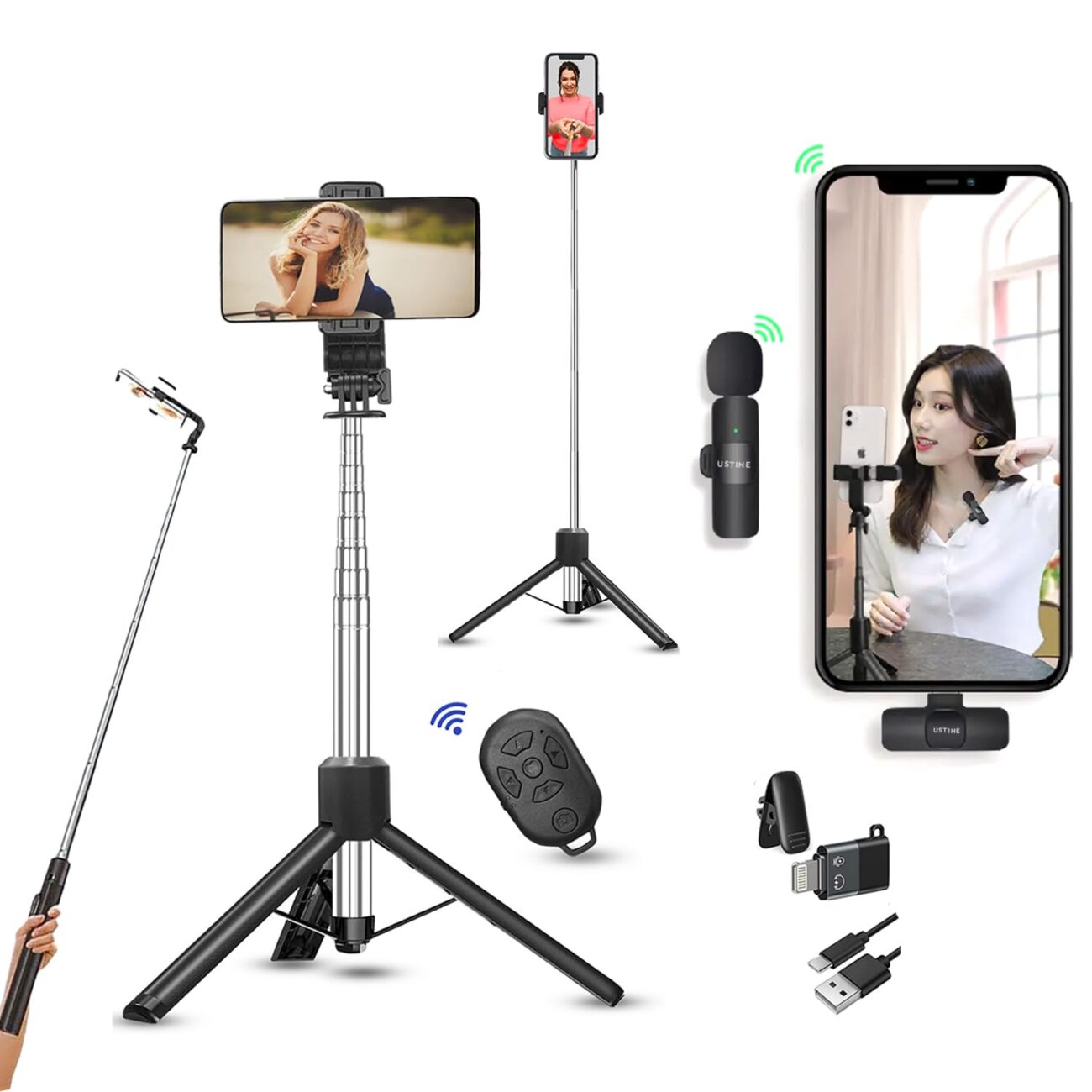 TriPro X5 Vlogging Kit with K8 Wireless Mic | Extra-Long 170cm Selfie Stick with Large Reinforced Tripod & Bluetooth Remote for YouTube, Reels & Vlogs (Android/iPhone)