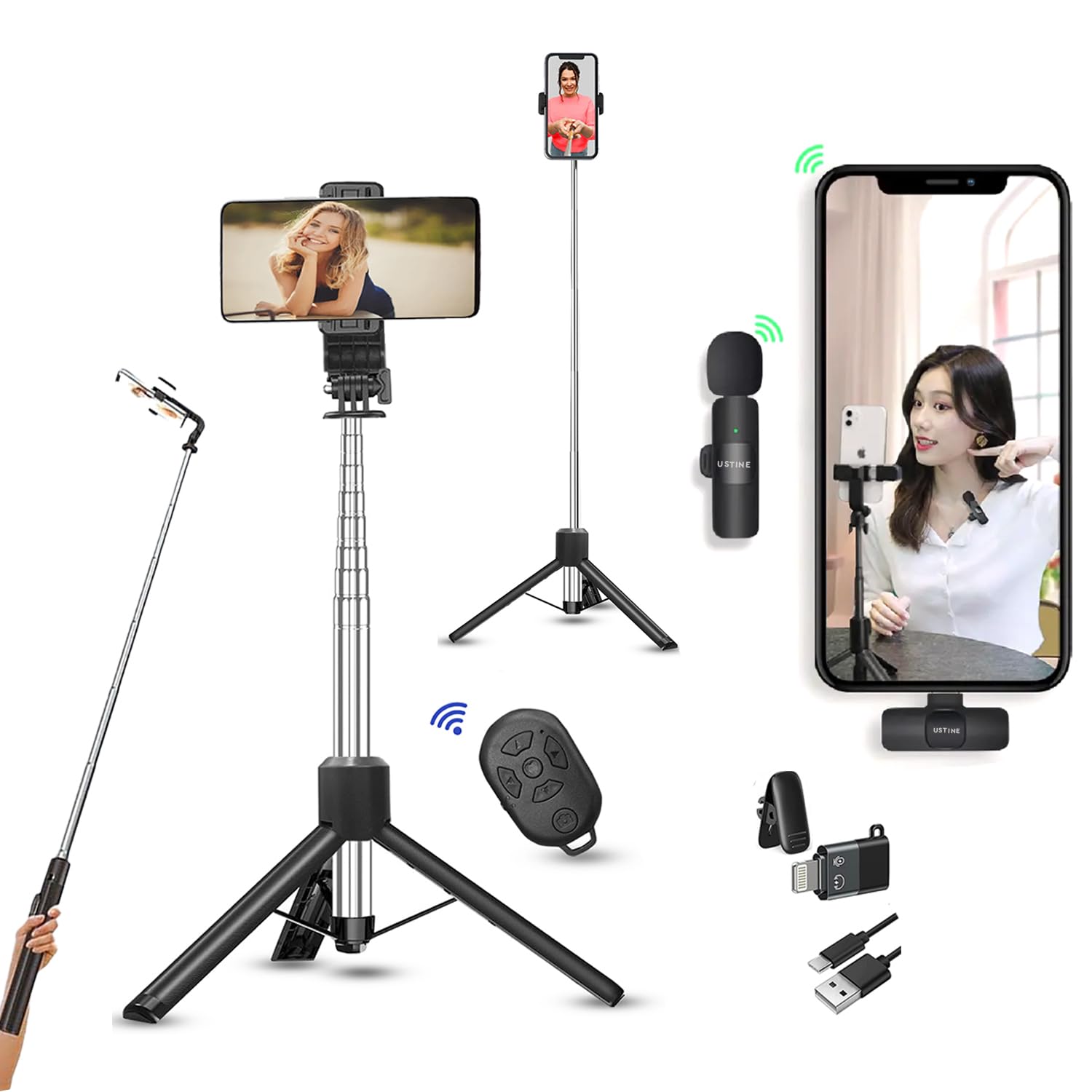 TriPro X5 Vlogging Kit with K8 Wireless Mic | Extra-Long 170cm Selfie Stick with Large Reinforced Tripod & Bluetooth Remote for YouTube, Reels & Vlogs (Android/iPhone)