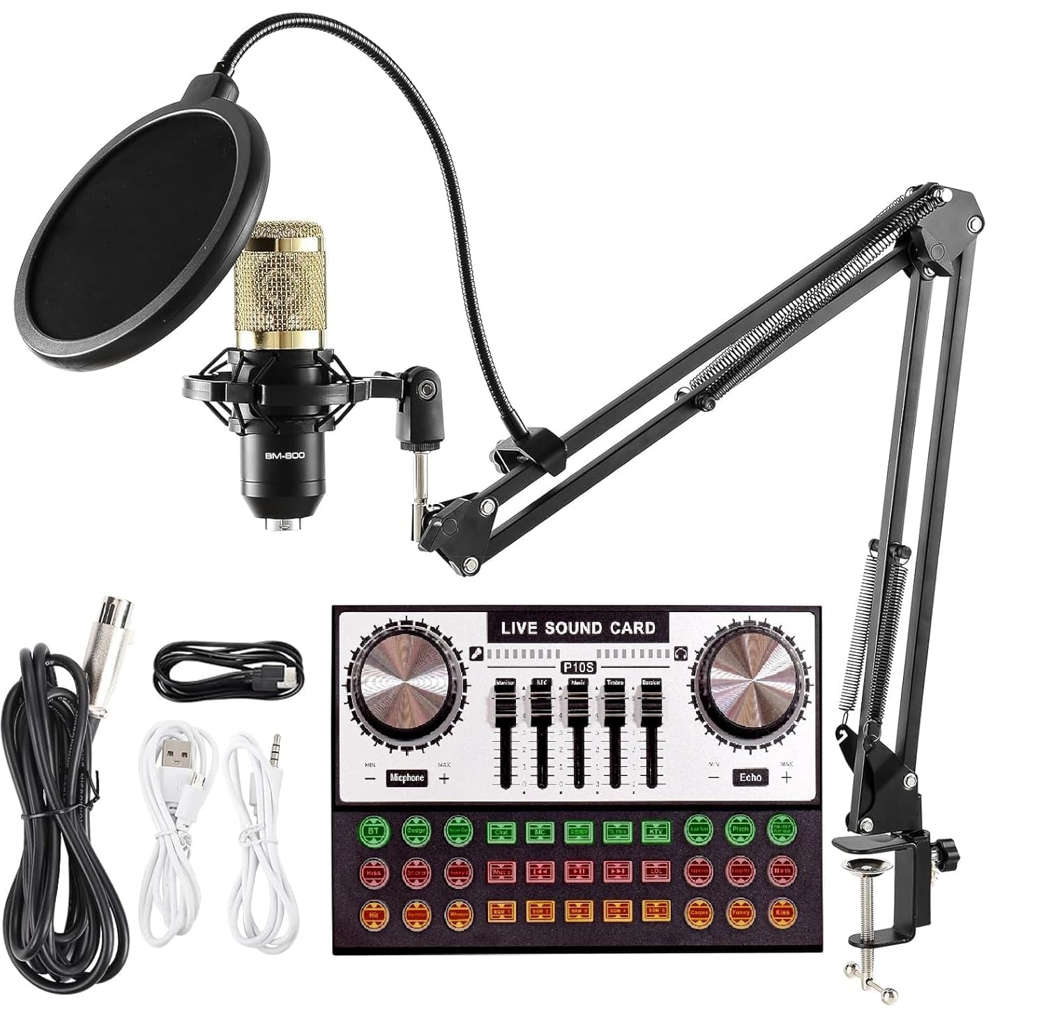 kh Podcast Condenser Microphone Bundle with Live Sound Card, Voice Changer & Mixer, Studio Recording Kit for PC & Smartphone, Streaming, Broadcasting, YouTube, Gaming & Singing