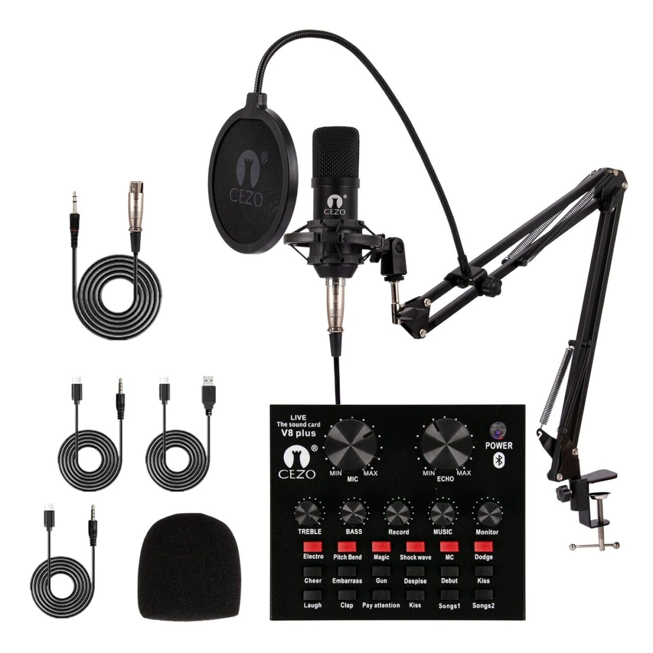 CEZO Condenser Microphone Podcast Equipment Bundle BM 800 with V8 Sound Card, Audio Interface with Podcast Microphone, Studio Equipment with Mic Arm, Bluetooth Sound Card for Voice Over, Singing