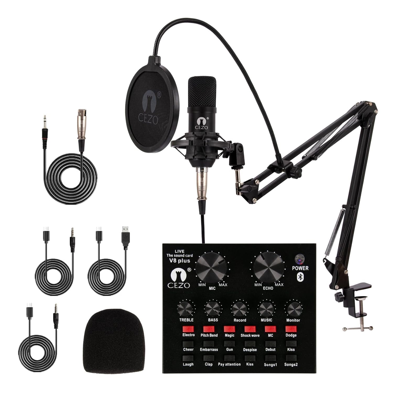 CEZO Condenser Microphone Podcast Equipment Bundle BM 800 with V8 Sound Card, Audio Interface with Podcast Microphone, Studio Equipment with Mic Arm, Bluetooth Sound Card for Voice Over, Singing
