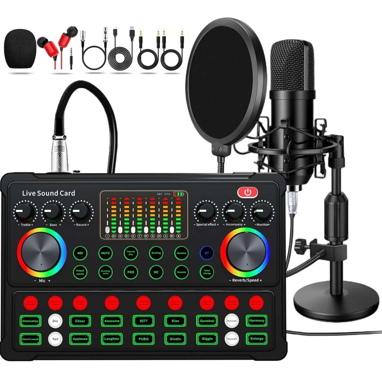 M300 Podcast Equipment Bundle, with Podcast Condenser Microphone, Voice Changer Sound Card with Multiple Sound Effects and LED Light, Prefect for Streaming/Podcasting/Gaming/Recording/YouTube/PC
