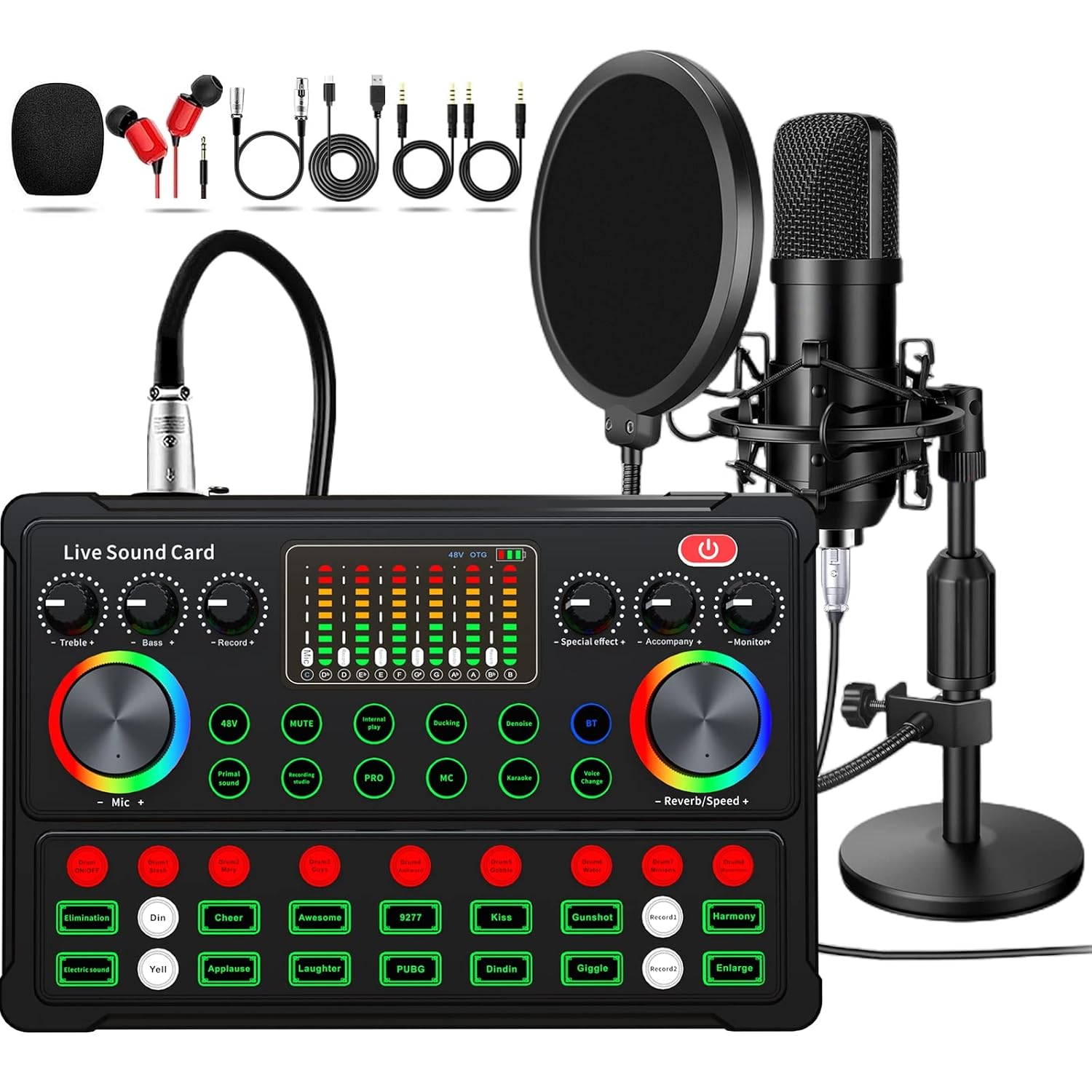M300 Podcast Equipment Bundle, with Podcast Condenser Microphone, Voice Changer Sound Card with Multiple Sound Effects and LED Light, Prefect for Streaming/Podcasting/Gaming/Recording/YouTube/PC