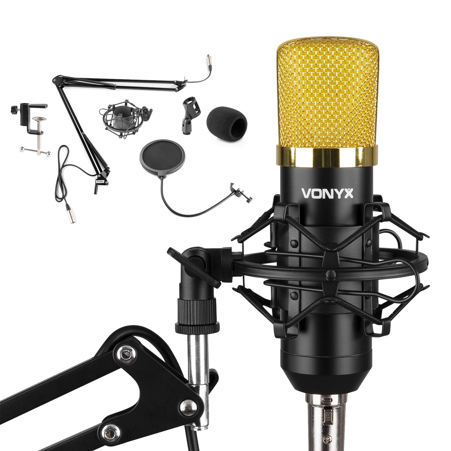 VONYX CMS400B Studio Condenser Microphone Kit with Adjustable Desk Boom Arm Stand, Pop Filter & XLR Cable for Podcasts, Music Recording & YouTube (Black/Gold)