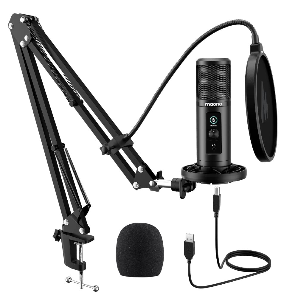 MAONO AU-PM422 Podcast Microphone with Zero Latency Monitoring, 192KHZ/24BIT Professional Cardioid Condenser Mic with Touch Mute Button and Mic Gain Knob for Recording, Podcasting, Gaming, YouTube