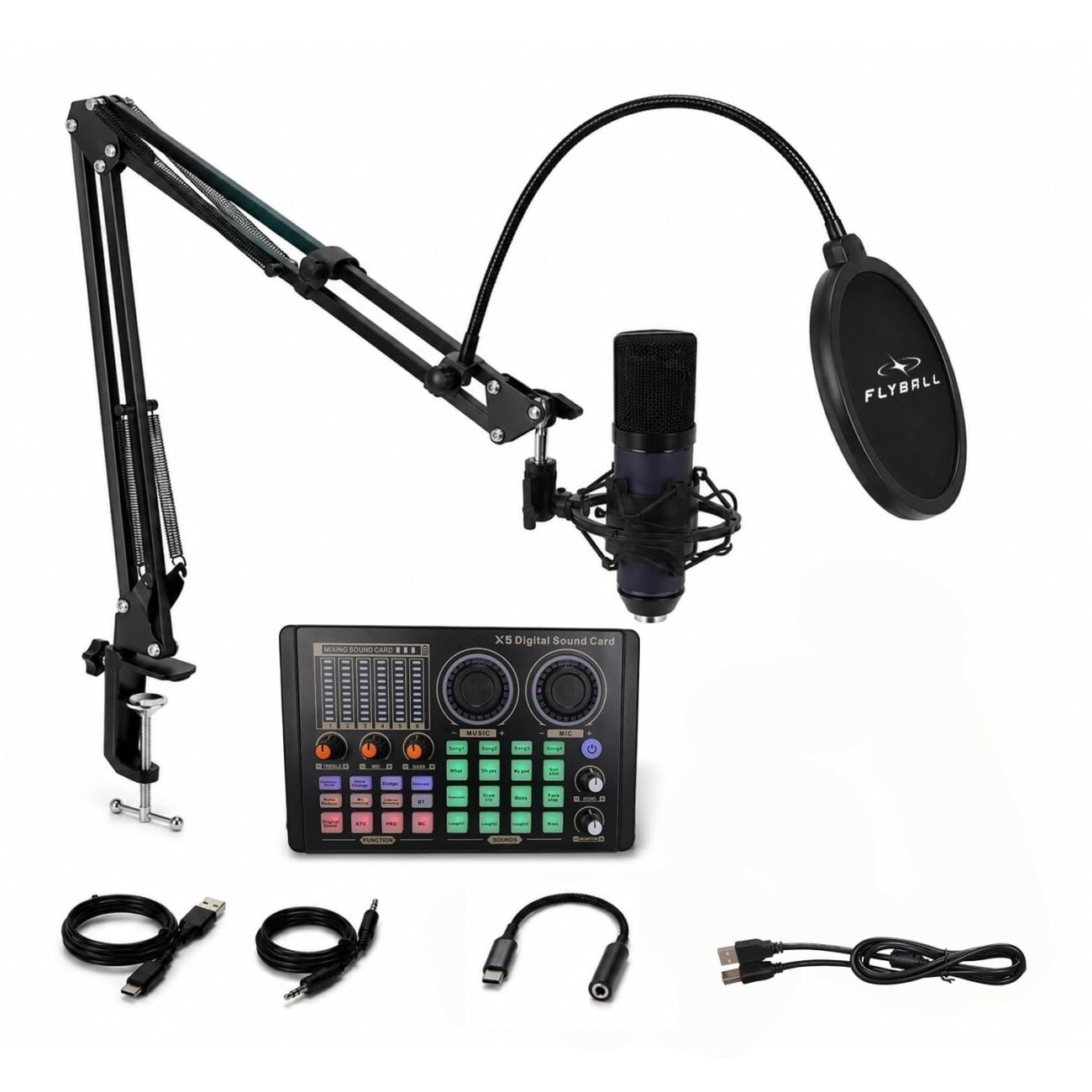 FLYBALL Professional Condenser Microphone Kit with Live Sound Card, 26mm Mic, Boom Arm, Shock Mount & Pop Filter, Studio Recording, Starmaker Singing, Podcast & Streaming Setup UG 900 UHH
