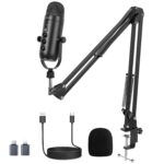 zealsound Podcast Microphone with Boom Arm, USB Mic with Noise Reduction, Mute, Echo & Volume Control, Zero-Latency Monitoring, Compatible with PC Mac iPhone & Android, for Podcasting Gaming YouTube