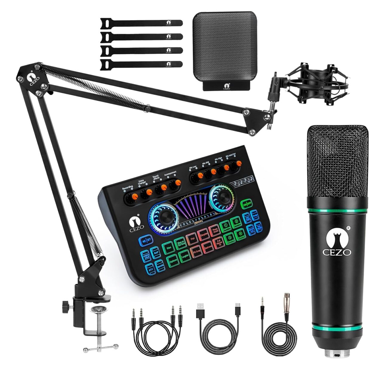CEZO U87 Professional Condenser Microphone with X3 Sound Card | Mic Set with Pop Shield | Live Sound Card | Boom Arm Stand | Metal Shock Mount for Recording, Podcasting & Streaming