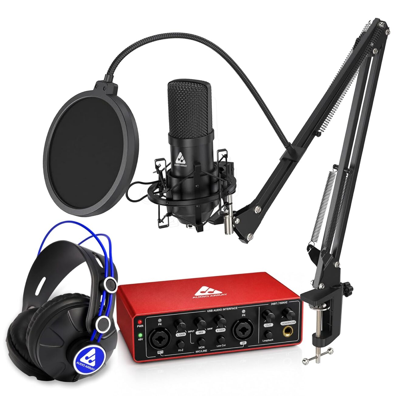 Audio Array Mic | Professional Studio Recording Bundle with Podcast Mic | 2×2 USB Audio Interface | Condenser Microphone | Studio Headphones | Boom Arm | 24-Bit/192kHz Recording Kit PB-10